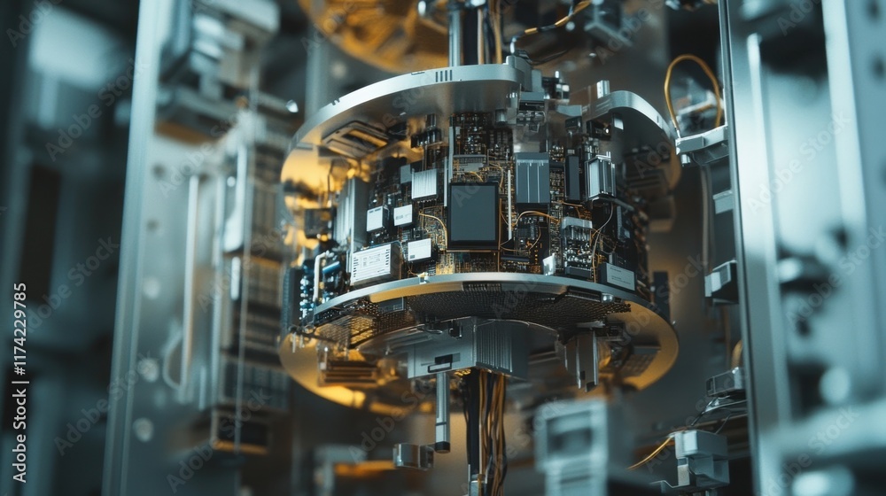 Aufkleber quantum computing core processing data, illuminating surrounding complex circuitry and components wi