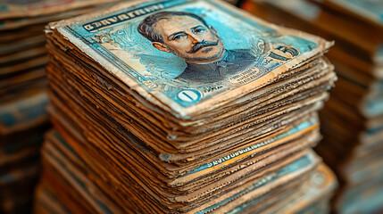 Stack of old, worn, vintage banknotes, close-up view showing details and texture.
