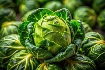Obraz premium Intricate detail of fresh Brussels sprouts; shallow depth of field highlights texture.