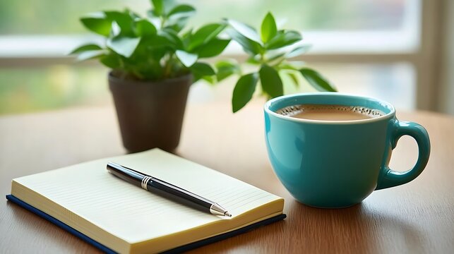 A minimalist flat lay of a journal, pen, coffee cup, and potted plant, symbolizing peaceful goal planning