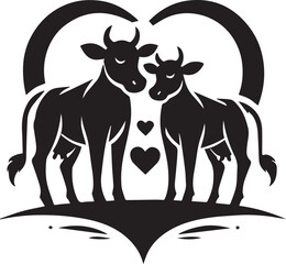 Cow with heart love pair silhouette