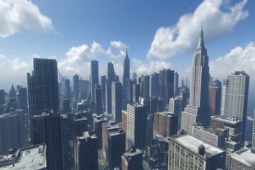 Obraz premium A panoramic view of a bustling city skyline featuring skyscrapers and a clear blue sky.