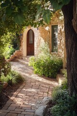 Naklejka premium A delightful pathway adorned with lush greenery gracefully guides you to a charming rustic stone entryway, all set within a sun-drenched garden oasis