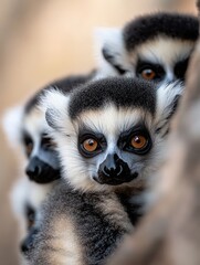 Obraz premium Three baby lemurs are huddled together on a tree branch