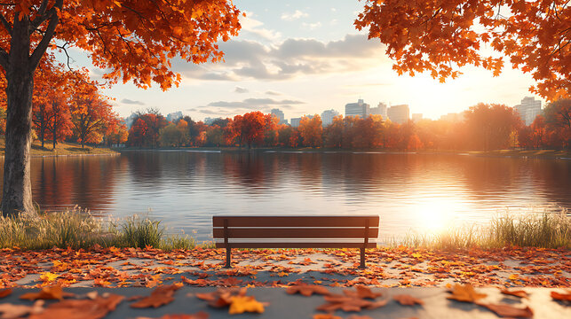 Serene autumn park scene with bench by lake at sunrise. - Powered by Adobe