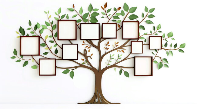 Artistic family tree design with empty squares ready to be filled with names and photos, framed by leaves and branches to symbolize lineage