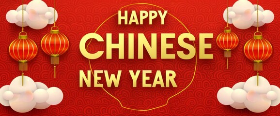Naklejka premium Happy Chinese New Year banner on a red background with a paper-cut clouds and lanterns pattern, and a golden outline of the circular frame border design.