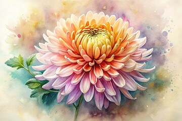 Isolated watercolor chrysanthemum, a vibrant botanical illustration capturing autumn's bloom in rich fall colors.