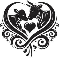 Cow with heart love pair silhouette