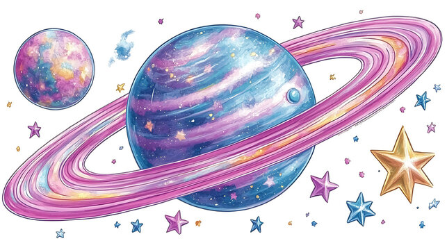 Pastel planet with rings and stars.