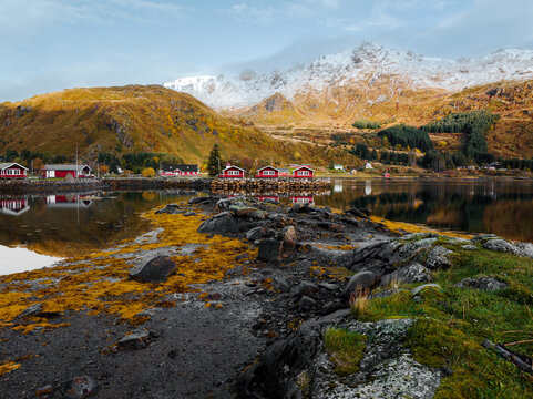 A scenic mountain reflection is seen in a Norwegian fjord, with vibrant cabins nearby