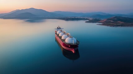 Aerial drone photo of LNG (Liquified Natural Gas) tanker anchored in small LNG industrial islet of Revithoussa equipped with tanks for storage, Salamina, Greece