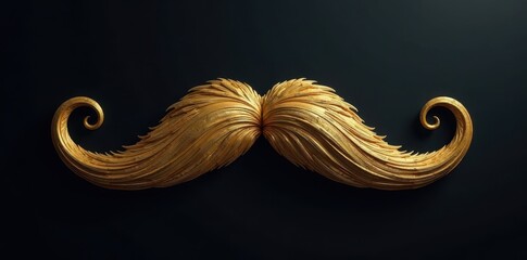 Elegant golden mustache with curled ends against dark background, ornate and refined, decorative, elegant