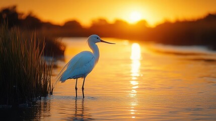 Naklejka premium Tranquil salt marsh featuring an Avocet gracefully wading through shallow water
