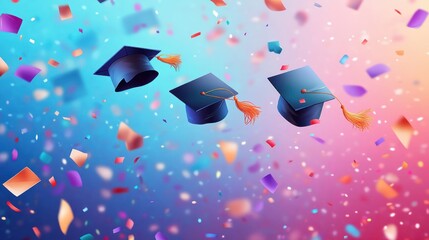 Three graduation caps flying amidst colorful confetti.