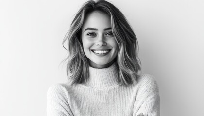 A woman with short hair is smiling and wearing a white sweater