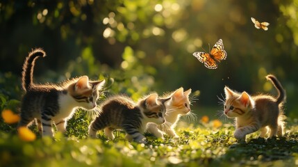 Four adorable kittens play in a sun-dappled garden, a butterfly fluttering nearby. Pure joy!
