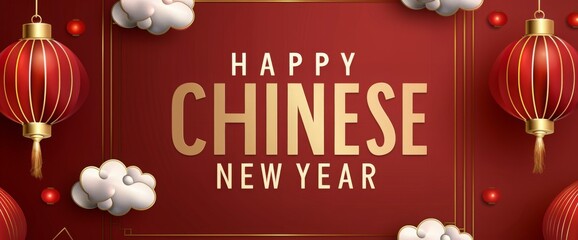Naklejka premium Happy Chinese New Year banner on a red background with a paper-cut clouds and lanterns pattern, and a golden outline of the circular frame border design.