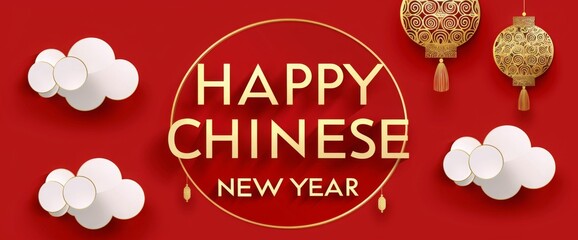 Naklejka premium Happy Chinese New Year banner on a red background with a paper-cut clouds and lanterns pattern, and a golden outline of the circular frame border design.