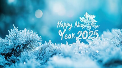 A serene winter scene with frost-covered pine branches and a "Happy New Year 2025" message. Ideal for winter holiday greetings or social media posts.