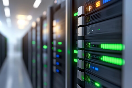 A row of server racks in a data center with illuminated indicators.