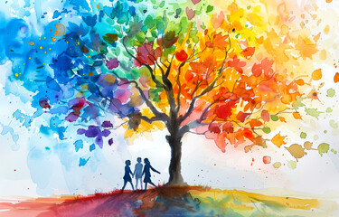 Beautiful watercolor artwork depicting an abstract tree with colorful leaves and silhouettes of three figures walking beneath its branches