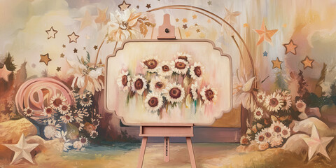 Fototapeta premium Pastel Sunflowers Oil Painting on Easel with Starry Background Art Studio