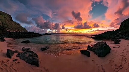 Vibrant sunset over a tranquil beach with colorful clouds and gentle waves near rocky shore