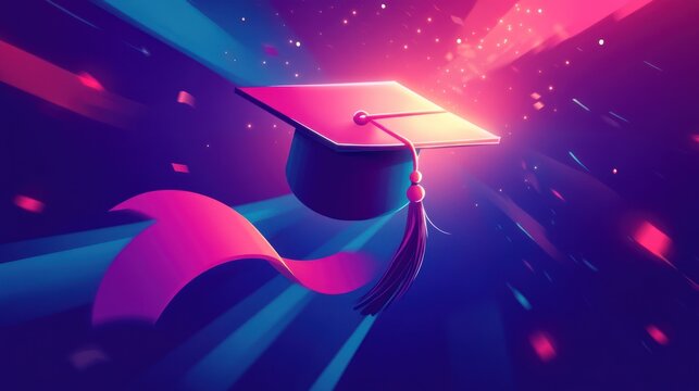 Graduation cap flying, colorful rays, celebration.