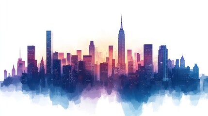 Fototapeta premium Cityscape skyline at sunrise, watercolor effect.