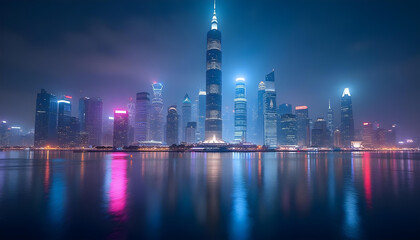 Obraz premium cityscape night skyline skyscrapers sale promotion background