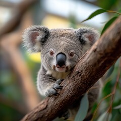 Fototapeta premium A baby koala is sitting on a tree branch