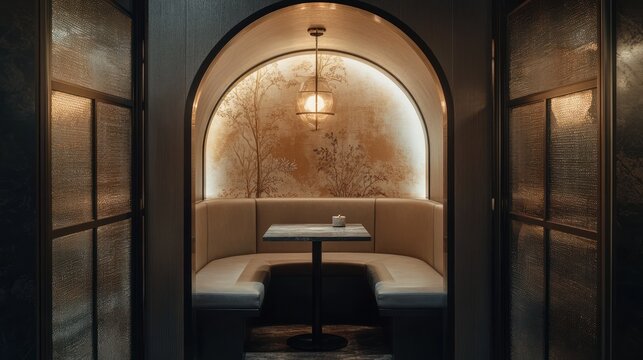 Luxurious restaurant alcove, intimate dining, city backdrop, romantic ambiance