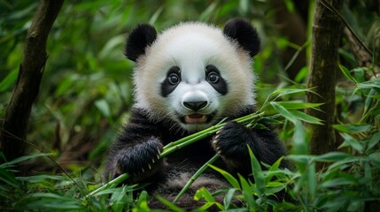 Fototapeta premium Adorable panda cub enjoys a delicious bamboo snack in its lush, green habitat.