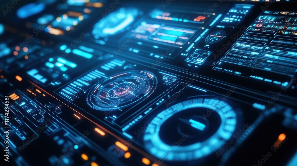 Poster futuristic glowing user interface displaying complex data analysis, processing information and vario
