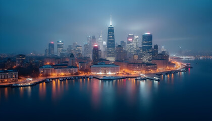 Naklejka premium cityscape night skyline skyscrapers sale promotion background
