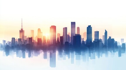 Fototapeta premium Sunrise cityscape silhouette reflecting on water.