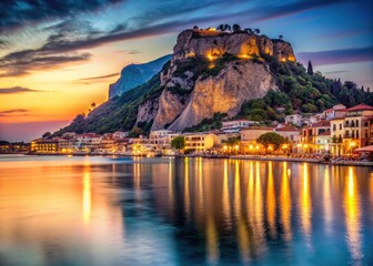 Obraz premium Night falls on Zakynthos: a serene Ionian seascape, low buildings hugging rocky hills, softly illuminated.