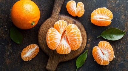 Juicy segments of mandarin oranges on a rustic wooden board.  A whole mandarin adds to the vibrant citrus scene.
