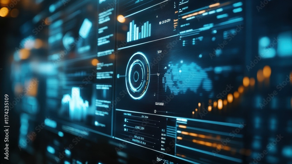 Poster futuristic interface displaying global data and statistics with various charts, graphs, and a world 
