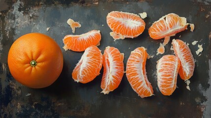 A whole orange and several peeled segments arranged on a dark textured surface.