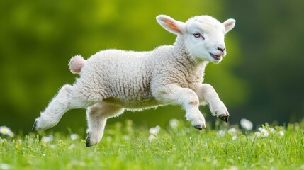 Obraz premium Adorable lamb leaps through a vibrant green pasture, a joyful spring scene.