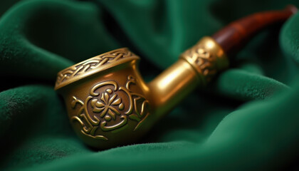 Ornate gold pipe on green fabric background