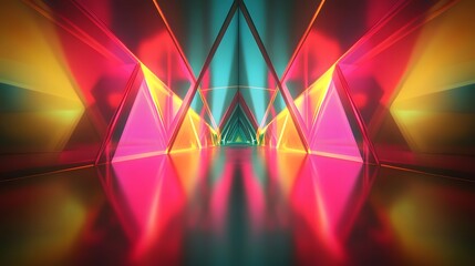 Abstract technology background features a captivating display of digital lights creating a reflection of light in geometric shapes, creating a holographic atmosphere