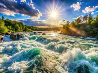 Fototapeta premium Powerful river's panoramic foam: whitewater rapids, scenic landscape, nature's breathtaking beauty.