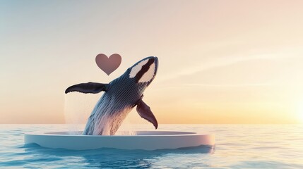 Fototapeta premium Whale Breaching with Heart Symbolizing Love Ocean Sunset Emotional Connection Marine Environment Romantic Viewpoint