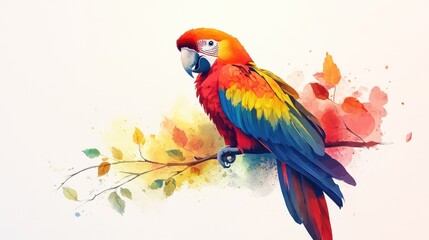 Fototapeta premium Vibrant scarlet macaw perched on branch, watercolor style. (1)