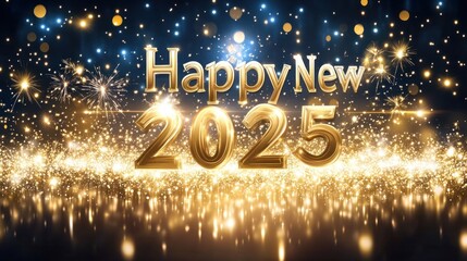 Golden "Happy New 2025" text with sparkling fireworks and bokeh lights on a dark background. Ideal for New Year's Eve social media posts or greeting cards.