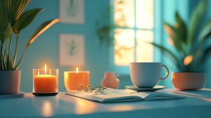 Fototapeta premium Calm evening scene with candles, plants, and a cup of tea.