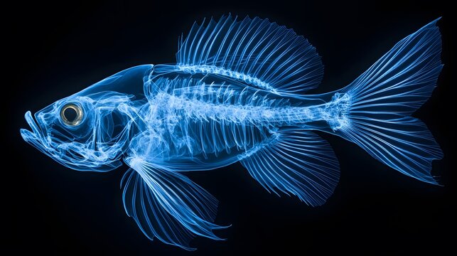 X-ray fish reveals glowing skeletal structure against black background, displaying transparent marine life with ethereal blue bioluminescent effect in scientific style.